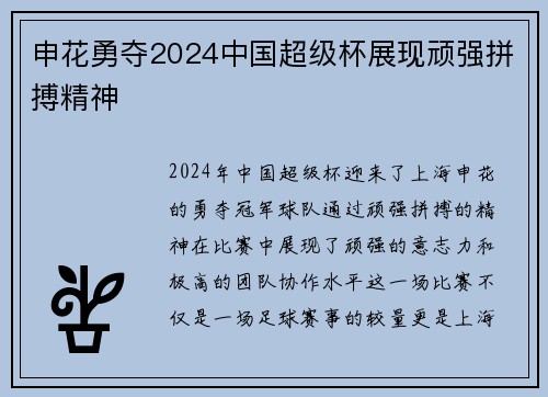 申花勇夺2024中国超级杯展现顽强拼搏精神 申花勇夺2024中国超级杯展现顽强拼搏精神